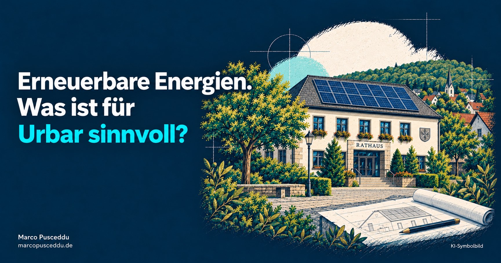 KI-Symbolbild eines kommunalen Gebäudes mit Solarmodulen und einem Plan im Vordergrund. Überschrift: Erneuerbare Energien. Was ist für Urbar sinnvoll? Kein reales Projekt in Urbar.