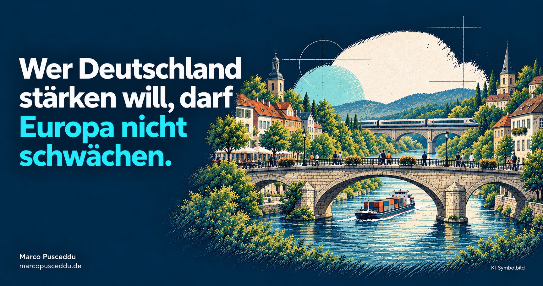KI-Symbolbild: Eine Brücke verbindet europäisch anmutende Stadtviertel; Menschen, Zug und Frachtschiff stehen für Austausch.