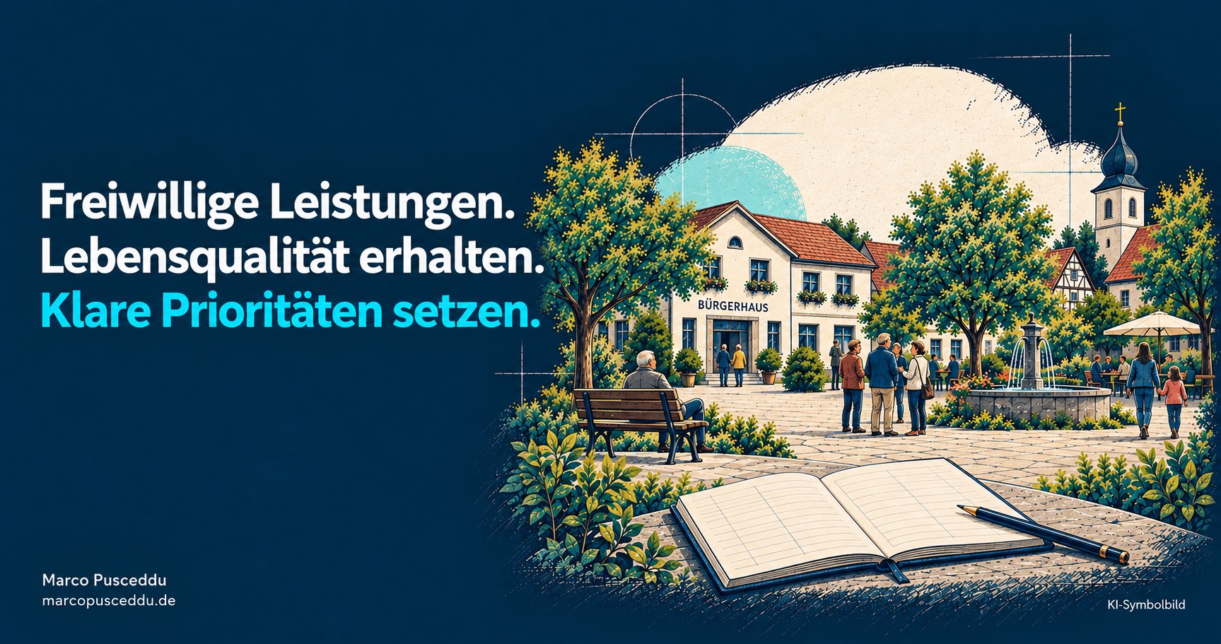 KI-Symbolbild eines belebten Dorfplatzes mit Bürgerhaus, Bäumen und einem Haushaltsbuch. Überschrift: Freiwillige Leistungen. Lebensqualität erhalten. Klare Prioritäten setzen.