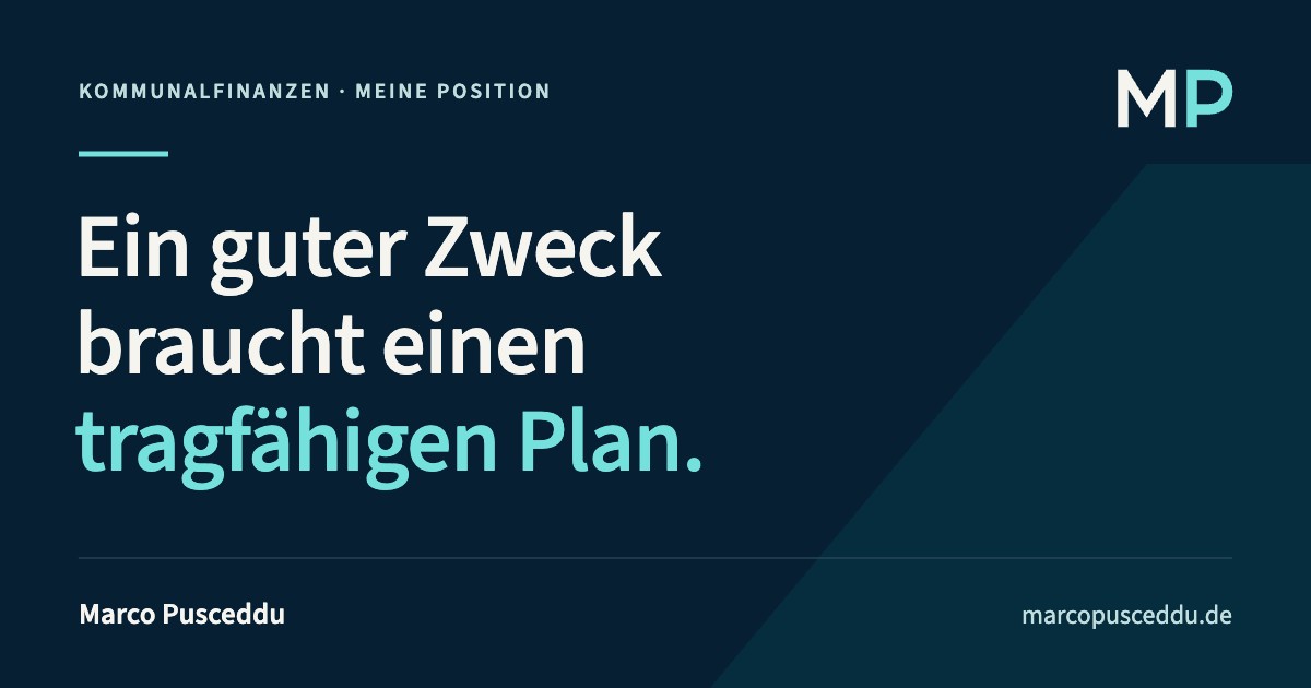Ein guter Zweck braucht einen tragfähigen Plan. Beitragsgrafik von Marco Pusceddu in Dunkelblau und Türkis mit MP-Zeichen.