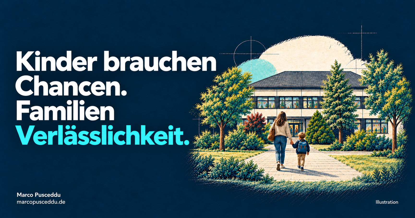 KI-generierte Illustration. Eine erwachsene Person und ein Kind auf dem Weg zu einem beispielhaften Schulgebäude. Kinder brauchen Chancen. Familien Verlässlichkeit.