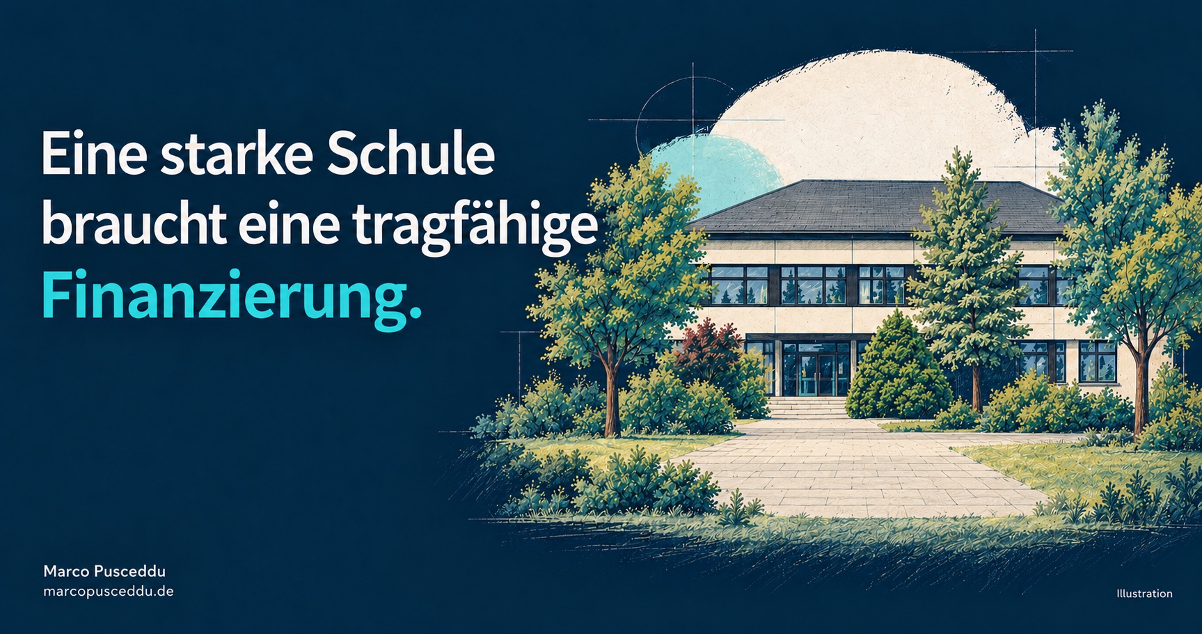 Illustration der Konrad-Adenauer-Schule mit Vorplatz und Grün. Eine starke Schule braucht eine tragfähige Finanzierung. Marco Pusceddu, marcopusceddu.de.