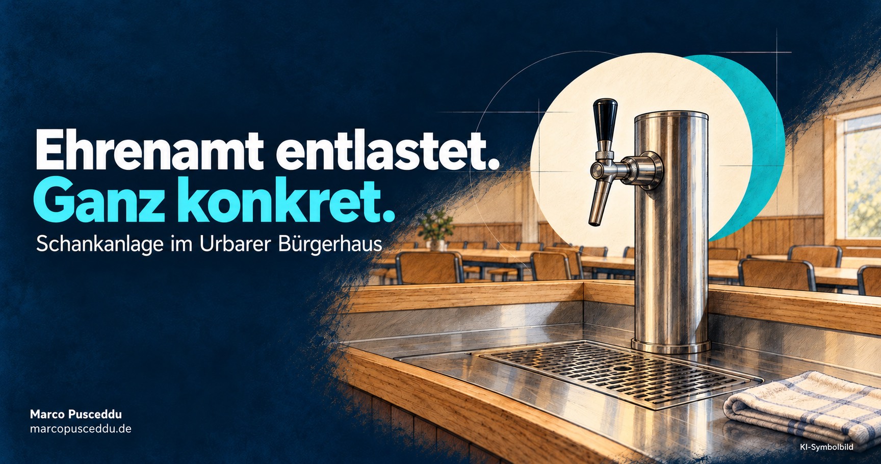 KI-Symbolbild einer Schankanlage auf einem Tresen mit Abtropfgitter und gefaltetem Tuch. Schriftzug: Ehrenamt entlastet. Ganz konkret. Schankanlage im Urbarer Bürgerhaus.