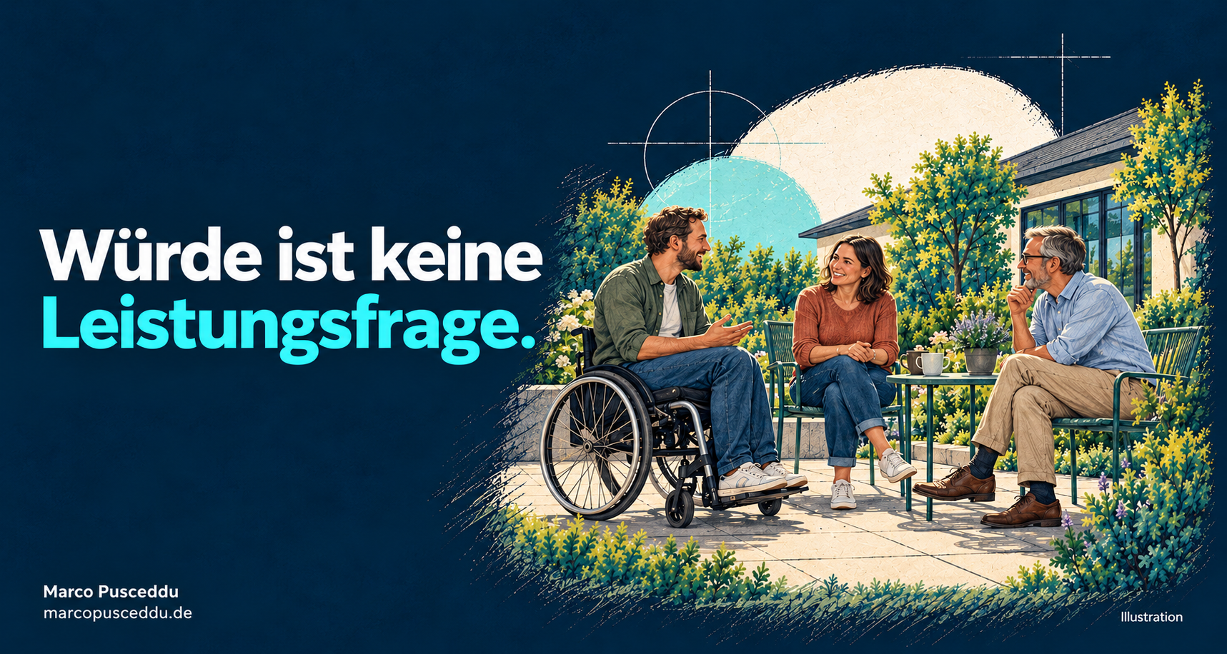 KI-generierte Illustration. Drei Menschen, darunter ein Rollstuhlnutzer, im Gespräch. Würde ist keine Leistungsfrage.