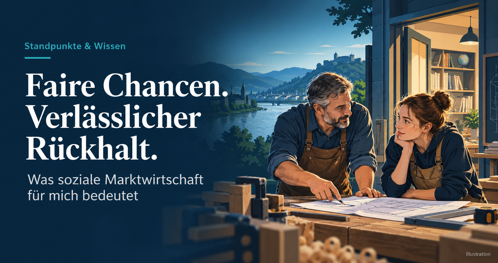 KI-Illustration: Werkstatt und Lernraum mit zwei Menschen an einer Werkbank. Text: Faire Chancen. Verlässlicher Rückhalt.