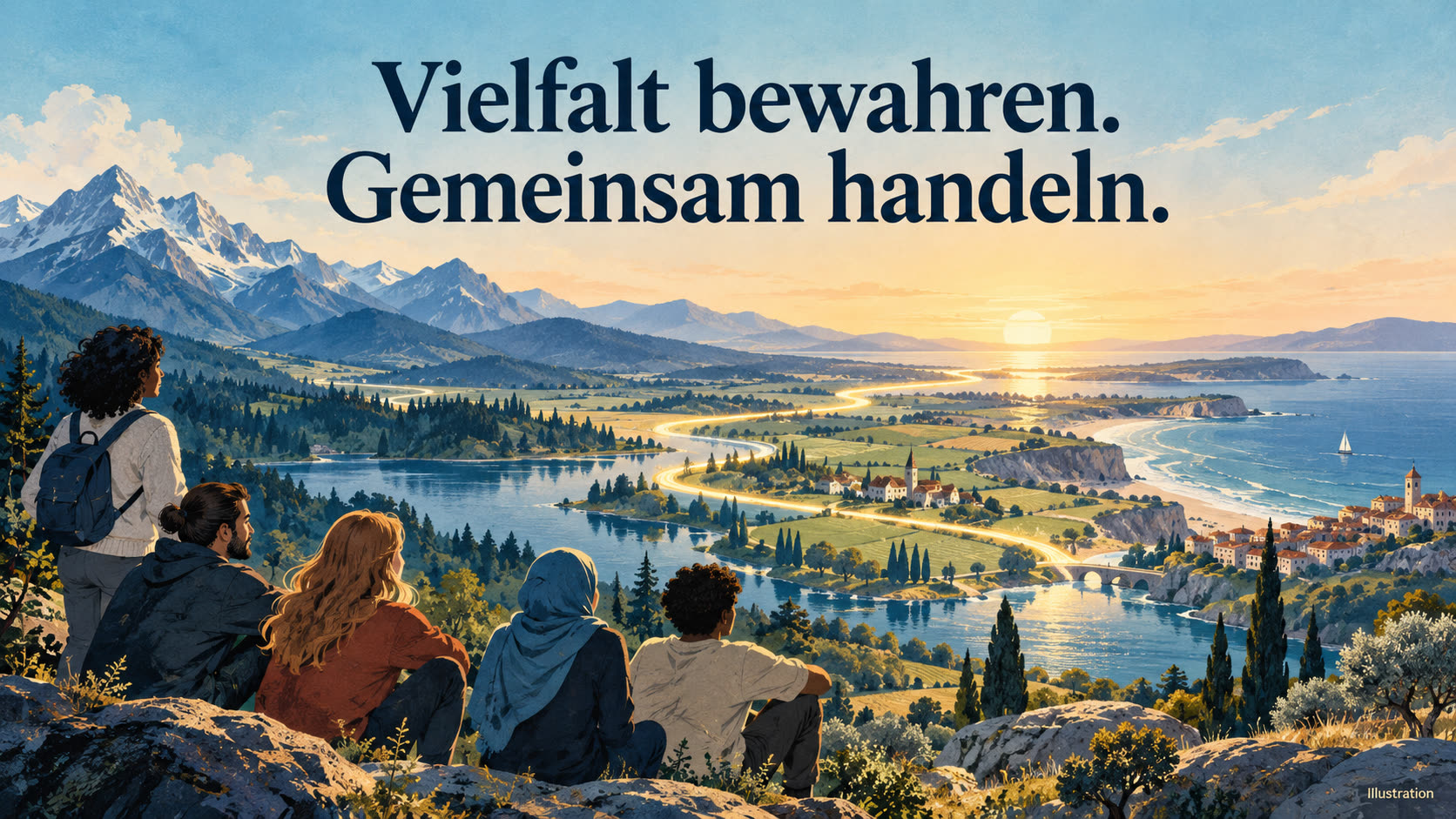 Europäische Landschaften mit einer verbindenden Lichtlinie. Symbolische KI-Illustration.